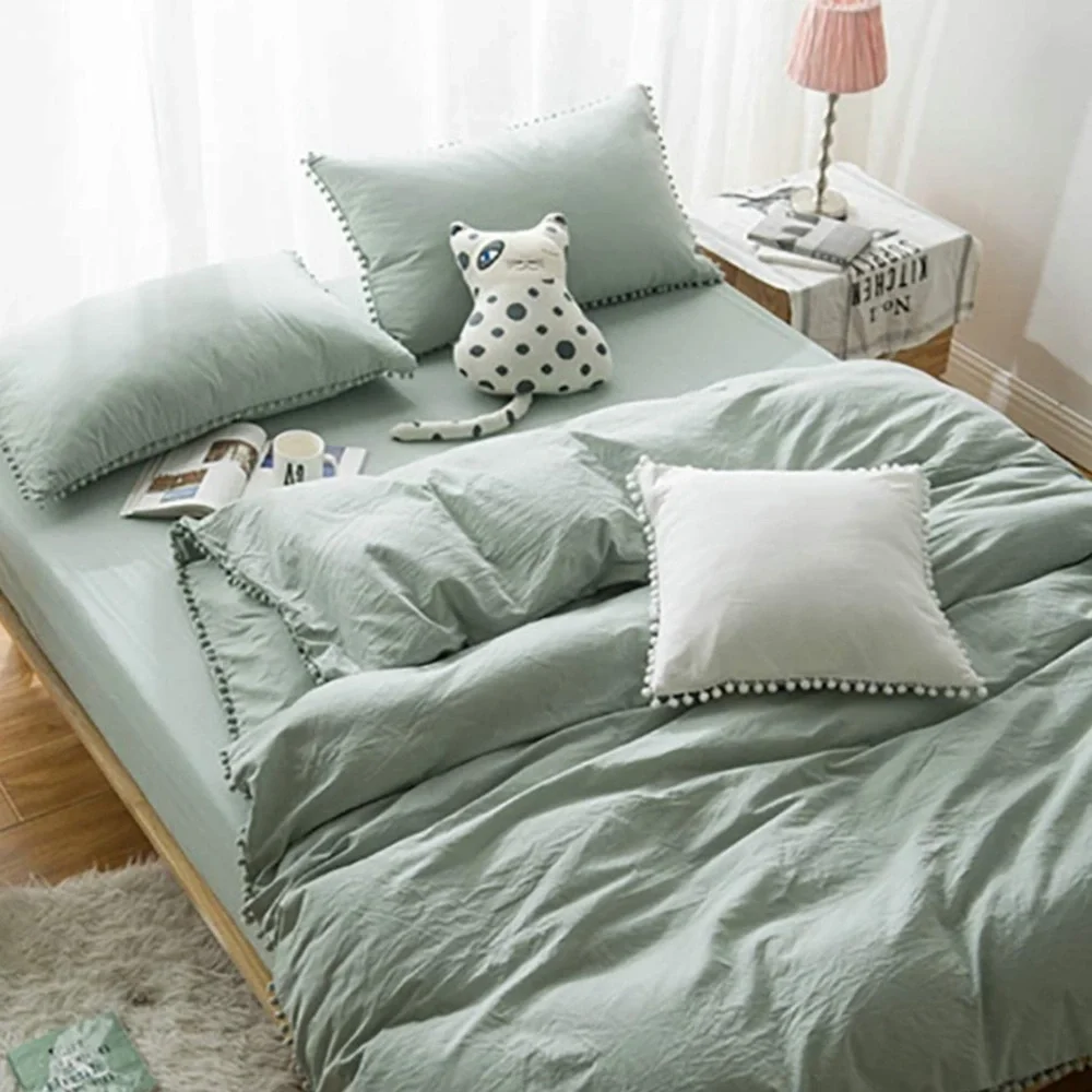 🎉 New SAGE GREEN Pom Pom Fringe Duvet Cover Set